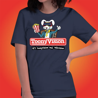 Camiseta azul marino gráfica para mujer con logo ToonyVision y estilo animado.