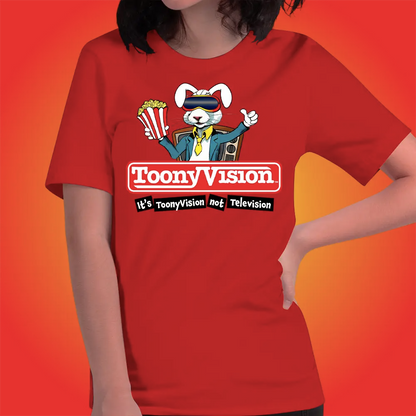 Camiseta roja gráfica para mujer con logo ToonyVision y estilo animado.