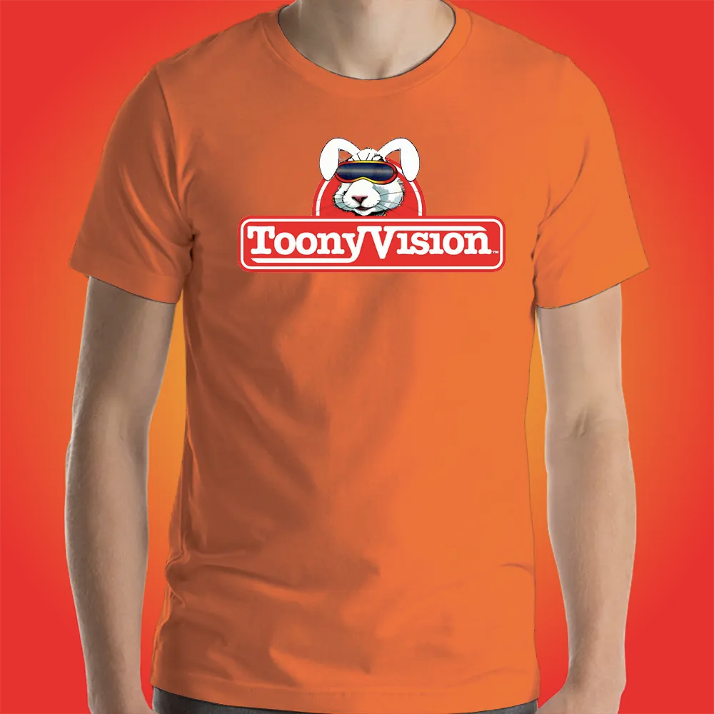 Hombre usando playera oficial ToonyVision Clásica de Creador color naranja.