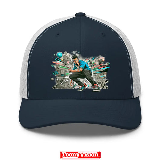 ToonyVision gorra hombre de cumpleaños o fiesta con caricatura desde foto y badge impreso limpio en panel frontal estilo merch