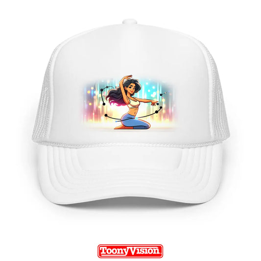 ToonyVision gorra mujer de cumpleaños o fiesta con caricatura desde foto y badge impreso limpio en panel frontal estilo merch