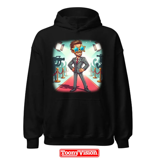 ToonyVision hoodie hombre de cumpleaños o fiesta con caricatura desde foto y fondo temático limpio estilo merch