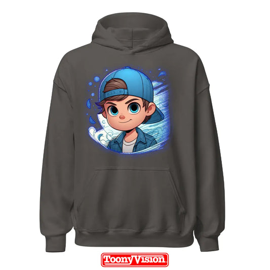 ToonyVision hoodie niño sudadera con capucha personalizada con caricatura desde foto y diseño limpio tipo merch de personaje cartoon