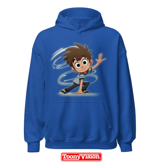 ToonyVision hoodie niño de cumpleaños o fiesta con caricatura desde foto y fondo temático limpio estilo merch