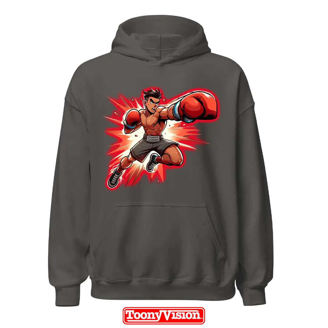 ToonyVision hoodie superhéroe hombre con caricatura desde foto y personaje completo con pose outfit y gráfico limpio tipo merch