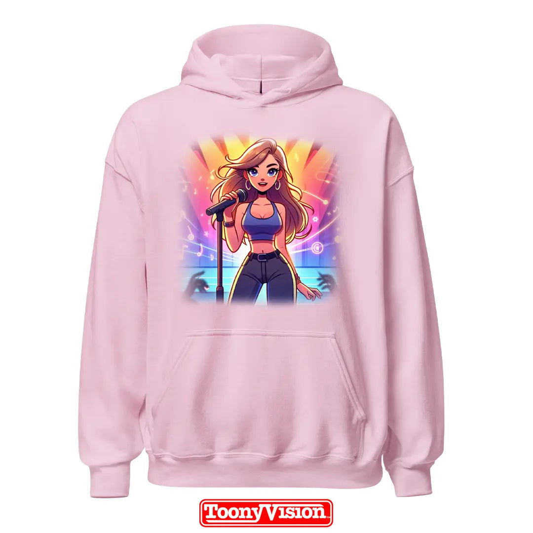 ToonyVision hoodie superhéroe mujer con caricatura desde foto y personaje completo con pose outfit y gráfico limpio tipo merch