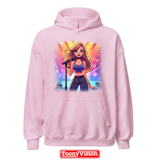 ToonyVision hoodie superhéroe mujer con caricatura desde foto y personaje completo con pose outfit y gráfico limpio tipo merch