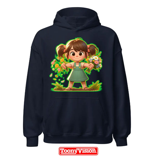 ToonyVision hoodie superhéroe niña con caricatura desde foto y personaje completo con pose outfit y gráfico limpio tipo merch