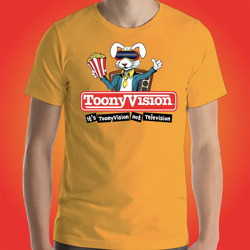 Camiseta amarilla ToonyVision Studios para hombre con diseño animado.