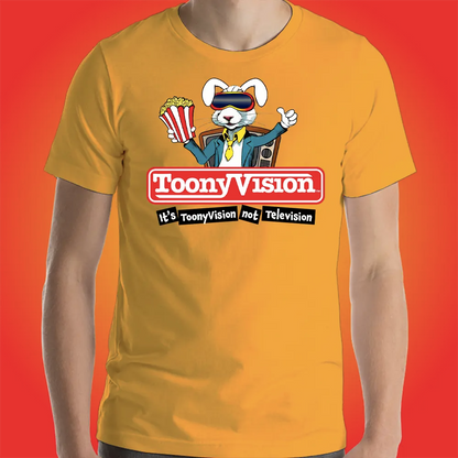 Camiseta amarilla ToonyVision Studios para hombre con diseño animado.