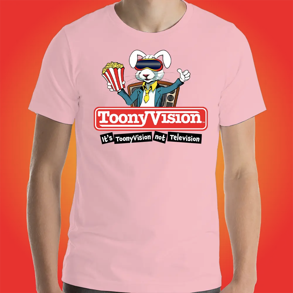 Hombre vistiendo playera rosa premium ToonyVision con logo de animación.
