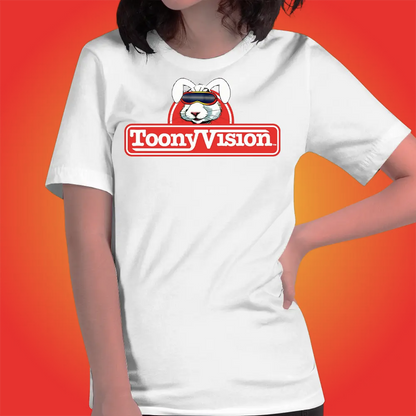 Mujer vistiendo playera blanca ToonyVision Creadora, con logo minimalista, ideal para fans del arte y animación.