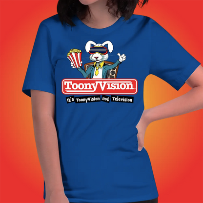 Mujer vistiendo playera azul rey premium ToonyVision Studios con logo oficial y corte femenino.