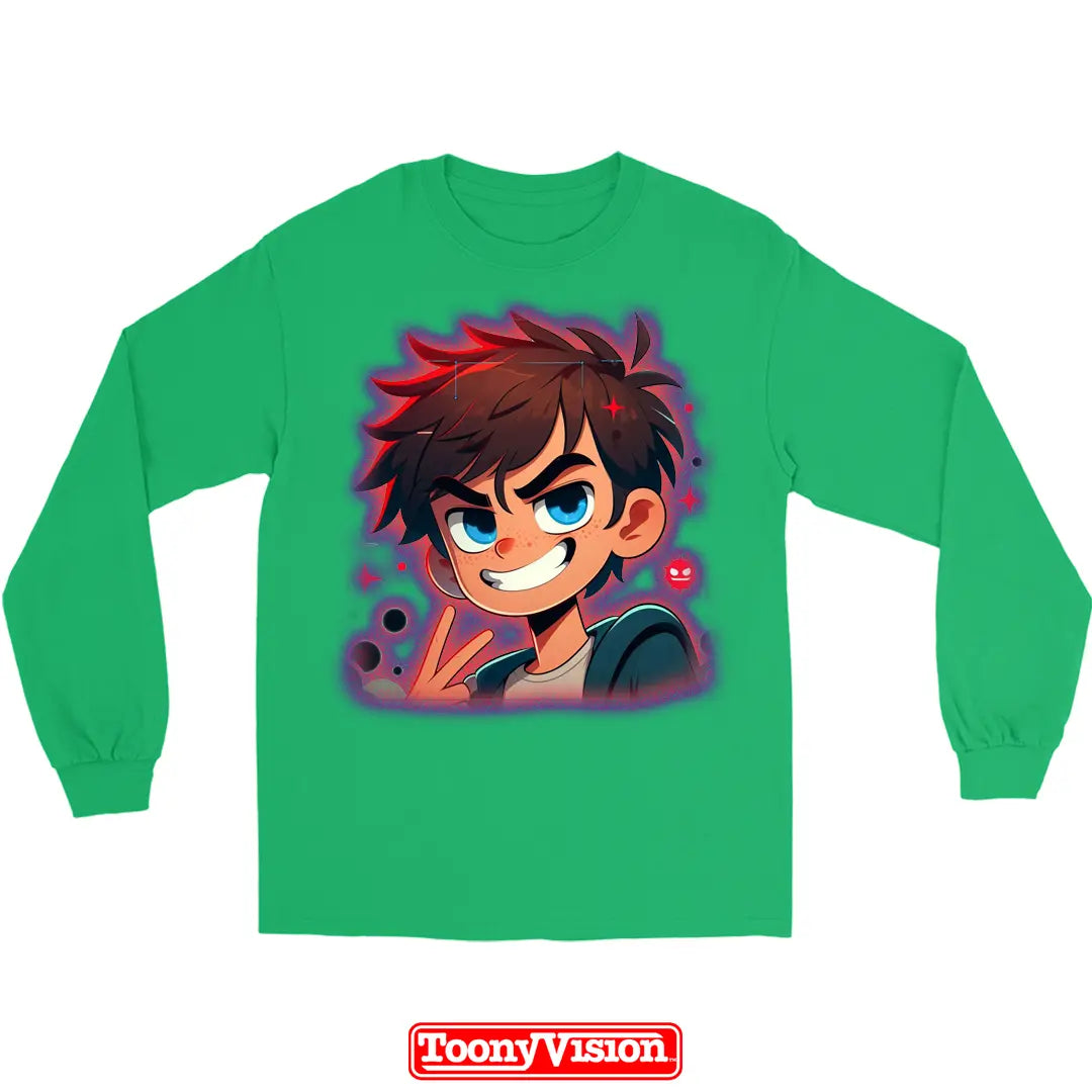 ToonyVision playera manga larga niño juvenil con caricatura desde foto y diseño tipo merch limpio de personaje cartoon