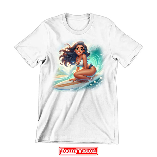 ToonyVision playera mujer de cumpleaños o fiesta con caricatura desde foto y fondo temático especial estilo merch