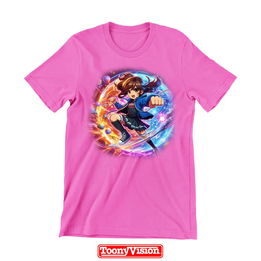 ToonyVision playera niña de cumpleaños o fiesta con caricatura desde foto y fondo temático especial estilo merch