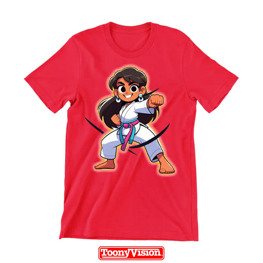 ToonyVision playera niña superhéroe con caricatura desde foto y personaje completo de cuerpo entero con pose y outfit
