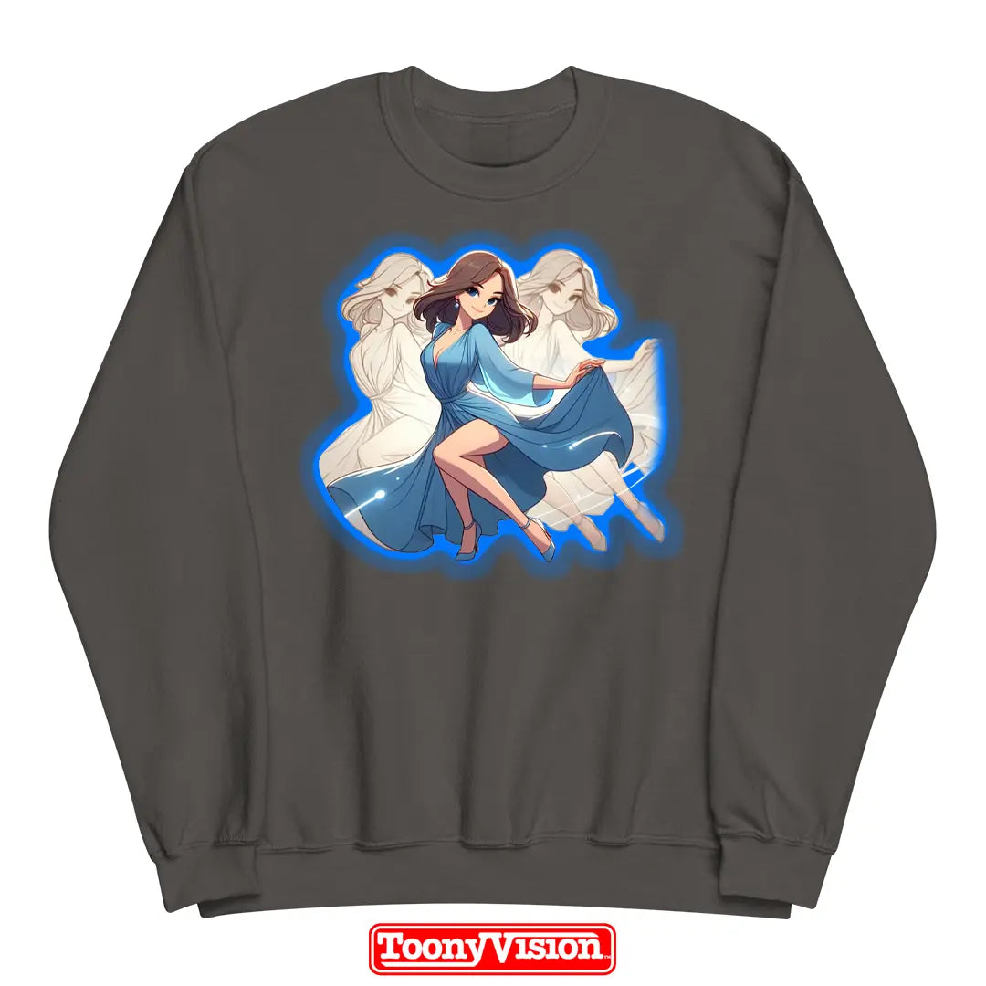 ToonyVision sudadera superhéroe mujer cuello redondo con caricatura desde foto y personaje completo con pose outfit y gráfico tipo merch