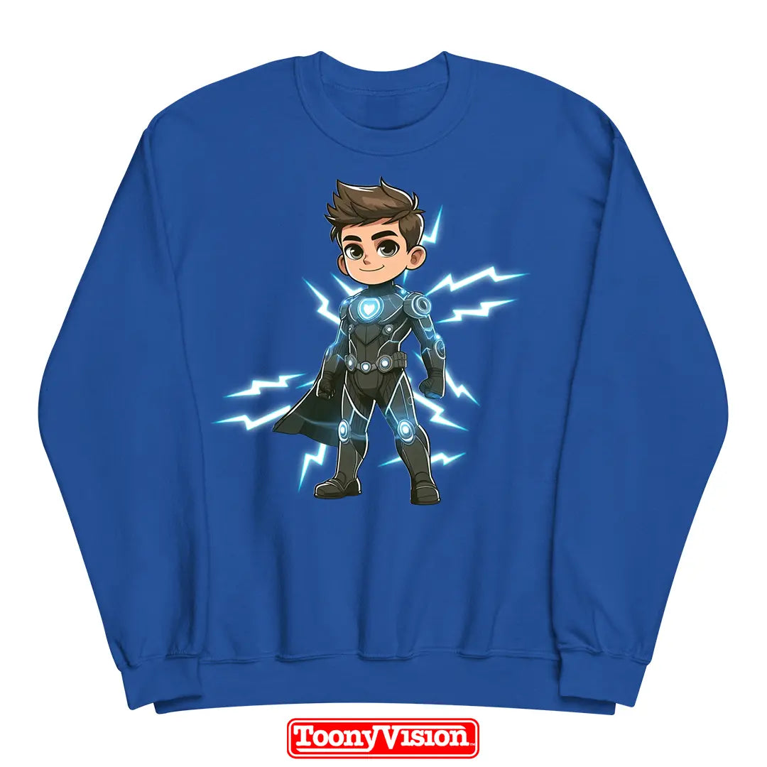 ToonyVision sudadera superhéroe niño cuello redondo con caricatura desde foto y personaje completo con pose outfit y gráfico tipo merch