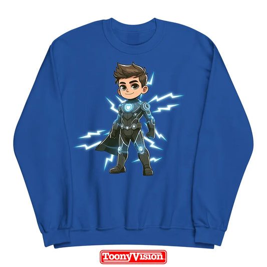 ToonyVision sudadera superhéroe niño cuello redondo con caricatura desde foto y personaje completo con pose outfit y gráfico tipo merch