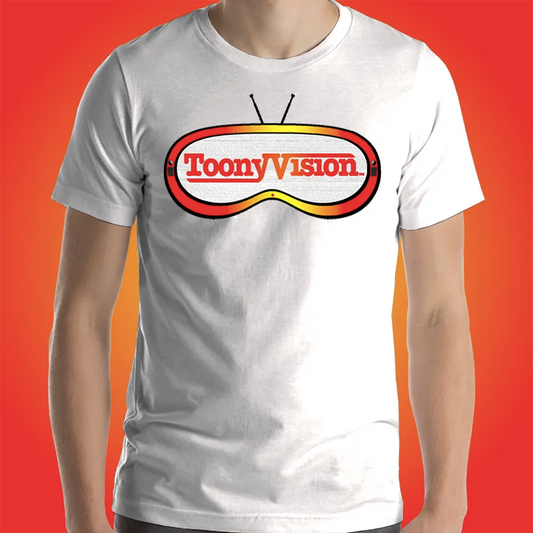 Hombre vistiendo playera blanca ToonyVision Universo Animado con diseño gráfico streetwear.