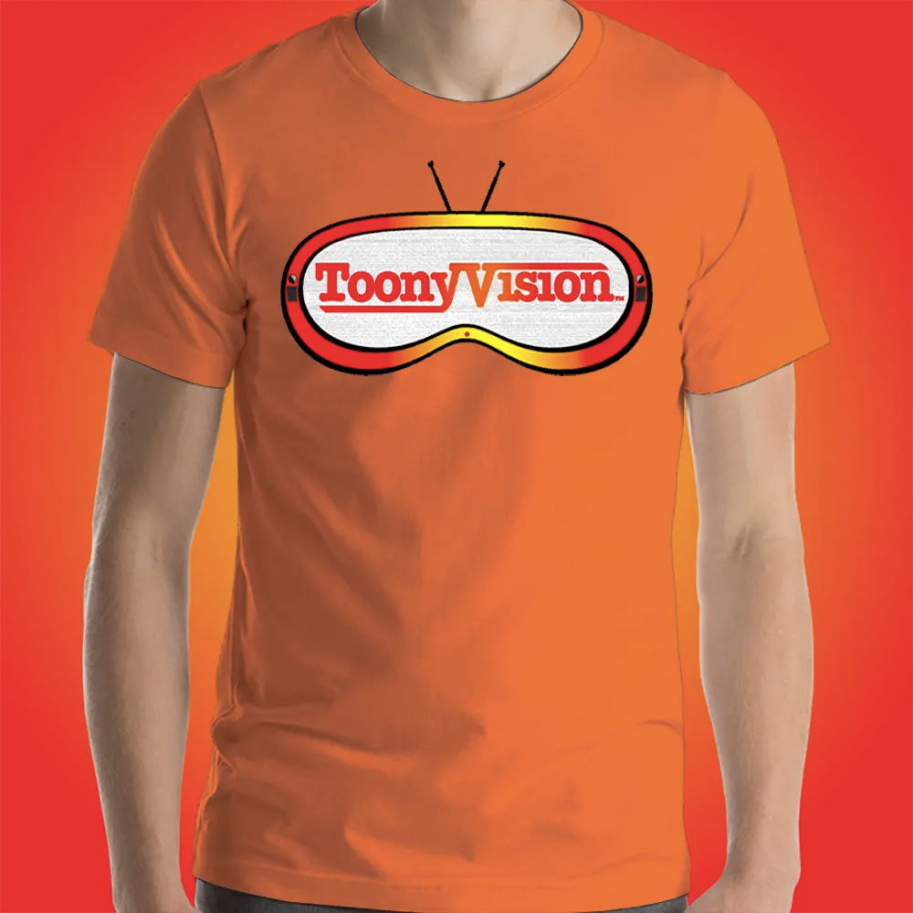 Hombre vistiendo playera naranja ToonyVision Universo Animado con diseño gráfico streetwear.