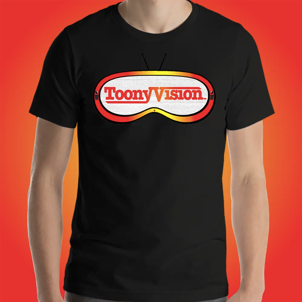 Hombre vistiendo playera negra ToonyVision Universo Animado con diseño gráfico streetwear.