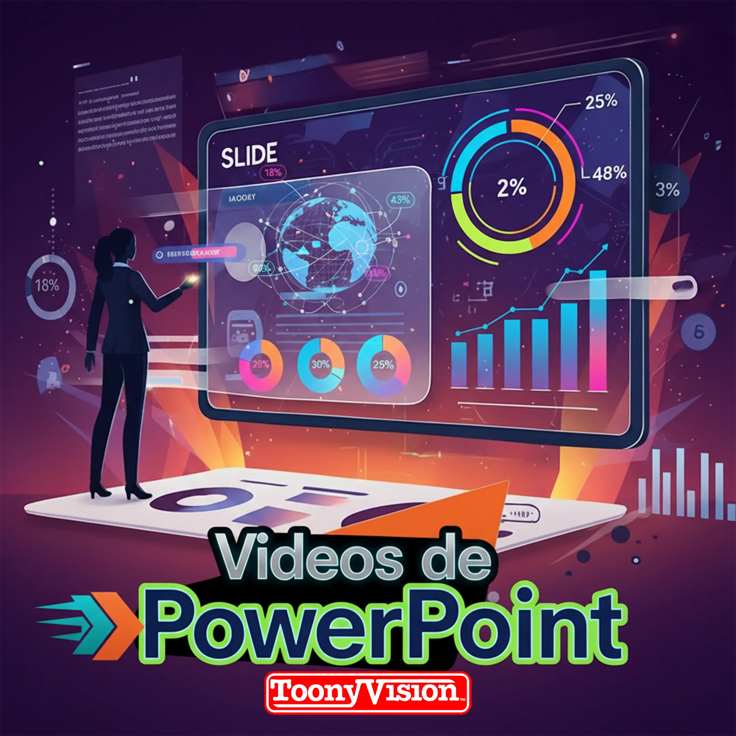 ToonyVision video en PowerPoint 30s con diapositivas animadas, motion graphics, tipografía cinética, voz en off, música y branding profesional