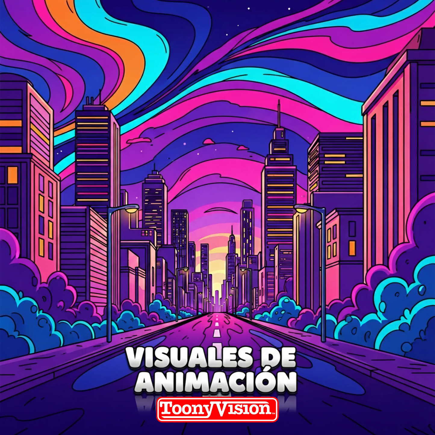 ToonyVision visuales animados de 15 segundos con motion graphics o personaje, branding, textos animados, transiciones, efectos de sonido, música y voz opcional.